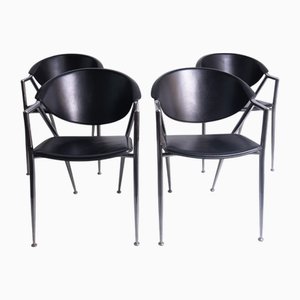 Chaises de Salle à Manger en Métal Chrome et Cuir Noir de Calligaris, 1980s, Set de 4