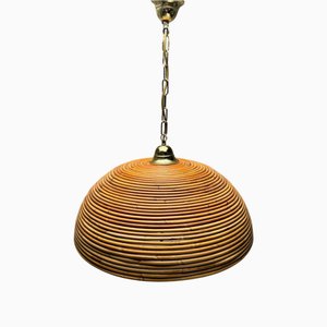 Italienische Rattan Hängelampe aus vergoldetem Messing mit Korbgeflecht, 1970er