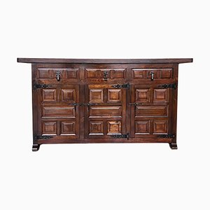 19th Spanish Baroque Carved Walnut Tuscan Three Drawers Credenza or Buffet, 1890