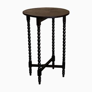 Round Folding Center Oak Table with Carved Top and Solomonic Legs, 1940s