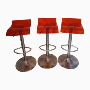 Stools on Pistons with Translucent Seats, Matt Chrome Metal Structures and Chrome Footrests, 1970s, Set of 3