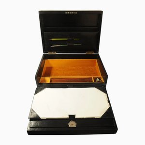 Scatola per corrispondenza allungabile vittoriana in pelle nera lucida con interni in pelle nera, set di 6