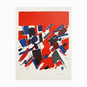 Jacques Germain, Red Abstraction, Litografía original firmada a mano, 1969