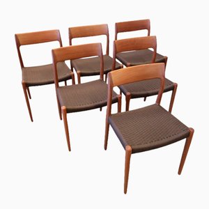 Sedie modello 77 in teak con sedile in vimini di Niels Otto (NO) Møller per JL Møllers, anni '60, set di 6