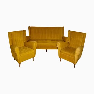 Midcentury Modern Italian Living Room Set in Velvet from Isa Bergamo, 1950, Set of 3