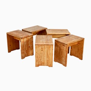 Pine Stools by Charlotte Perriand for Les Arcs, France, 1960, Set of 5