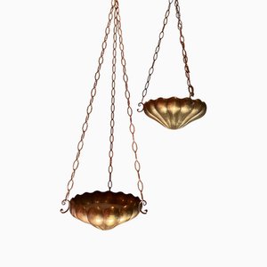 Italienische Hängelampen oder Pflanzgefäße im Jugendstil aus handgehämmertem Messing, 1890er, 2er Set
