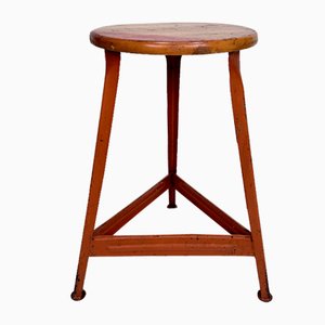 Vintage German Industrial Workshop Stool in Steel and Wood, 1950s