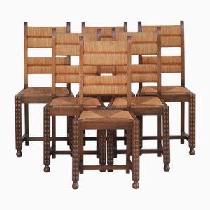 Rush Back & Oak Frame Dining Chairs in the style of Charles Dudouyt, France, 1940s, Set of 6
