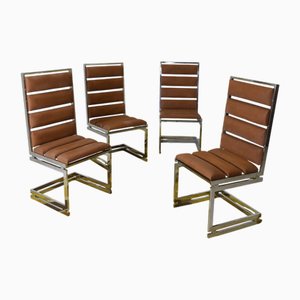 Sedie modello Doghe con struttura in metallo e seduta in pelle scamosciata marrone di Romeo Rega per Metalarte, anni '70, set di 4