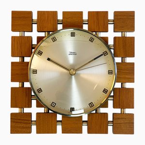 Mid-Century Square Teak and Golden Clock from Diehl, Germany, 1970s