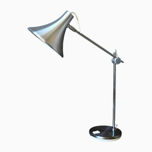 Lampe de Bureau d'Architecte Industrielle avec Bras Ajustable en Trompette en Métal Argenté Brossé, 1960s