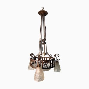 French Art Nouveau Wrought Iron and Opaline Glass Chandelier, 1920s