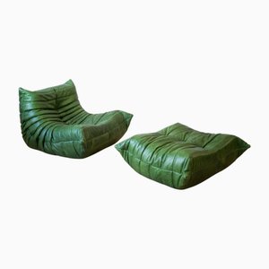 Set of Dubai Green Leather Togo Lounge Chair and Pouf by Michel Ducaroy for Ligne Roset