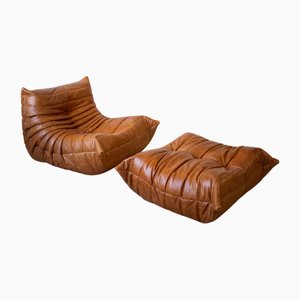 Set of Pine Leather Togo Lounge Chair and Pouf by Michel Ducaroy for Ligne Roset