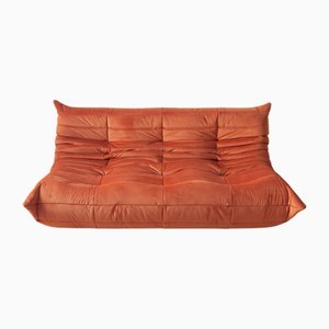 Amber Orange Velvet Togo 3-Seater Sofa by Michel Ducaroy for Ligne Roset, 1973