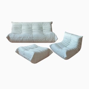 Poltrona Togo in pelle bianca, pouf e divano a tre posti di Michel Ducaroy per Ligne Roset, set di 3