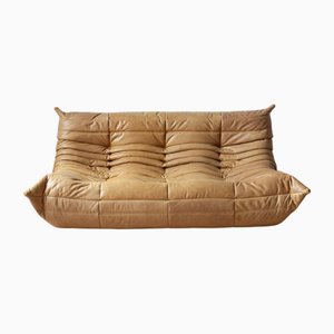 Sofá Togo de cuero marrón camel de Michel Ducaroy para Ligne Roset