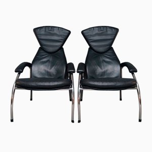 Fauteuils en Cuir Noir et Chrome, 1980s, Set de 2