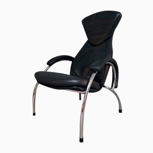 Black Leather Chrome Armchair, 1980s
