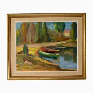 E Skoog, Bateaux, 1960s, Huile sur Panneau