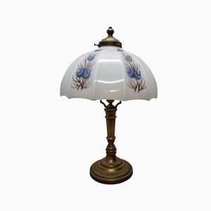 Vintage Brass Lamp with White Opaline Shade, 1950s