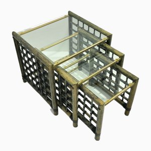Mid-Century Modern Bambus Satztische mit Glasplatte, Italien, 1970er, 3er Set