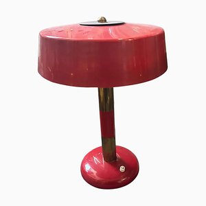 Mid-Century Modern Brass and Red Metal Table Lamp, Italy, 1950s