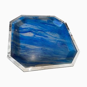 Mid-Century Modern Sea Effect Octagonal Acrylic Glass and Silver-Plated Tray, 1970s