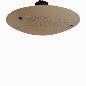 Mid-Century German Brass Ceiling Lamp with Geometrically Cut Glass Bowl, 1950s