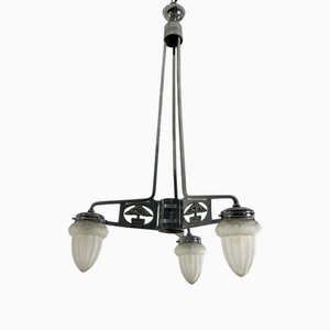 Art Deco French 3-Light Chandelier in Nickel-Plated Bronze in the style of P. Maynadier, 1930s