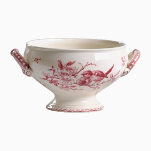Large 19th Century Favorite Collection with Birds, Pink Iron Earth Salad Bowl from Sarreguemines, 1878