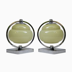 Lampade da comodino vintage Art Déco in metallo cromato e vetro beige, set di 2