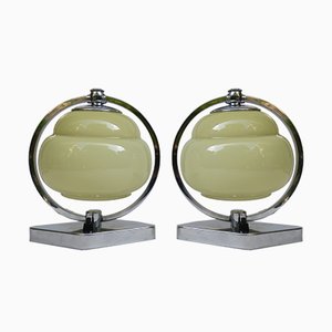 Vintage Art Deco Chrome & Beige Glass Bedside Lamps, Set of 2