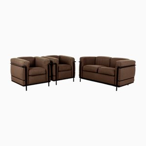 LC2 Fabric Sofa Set Brown Two-Seater Armchair by Le Corbusier for Cassina, Set of 3