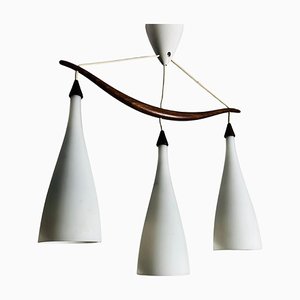 Teak and Opal Glass Pendant Lamp attributed to Uno & Östen Kristiansson for Luxus, Sweden, 1960s