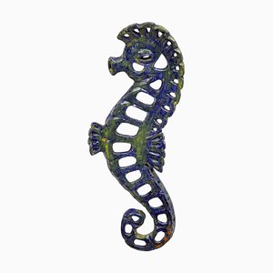 Vintage Blue Glazed Seahorse Wall Sculpture, 1970s