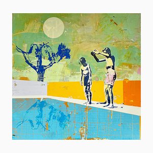 Dan Parry-Jones, Two Divers with Blue Tree, Acrylic and Mixed Media on Board, 2024, Framed