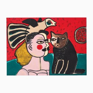 Corneille, Komposition aus Frau und Vogel und Katze, Radierung