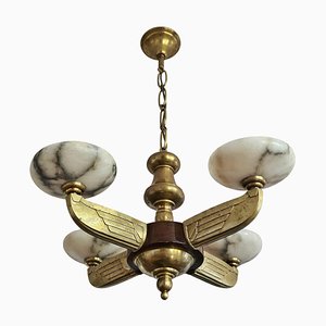 Lampadario Art Deco in bronzo, noce e alabastro attribuito ad Atelier Petitot, anni '20