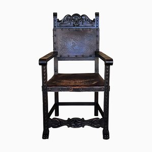 19th Spanish Carved Walnut Armchair with New Black Leather and Solomonic Columns, 1890s