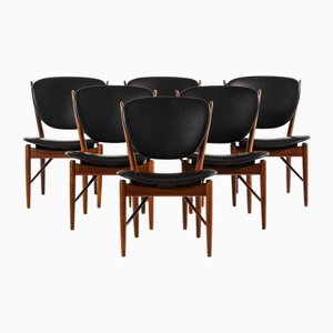 Dining Chairs in Rosewood and Black Leather attributed to Finn Juhl, 1951, Set of 6