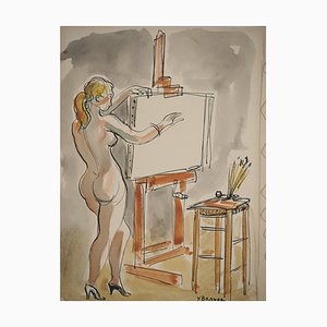 Yves Brayer, Nude Model Preparing a Canvas, Original Watercolor