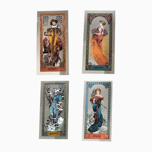 The Four Seasons Mirror Panels after Alfons Mucha, 1970s, Set of 4