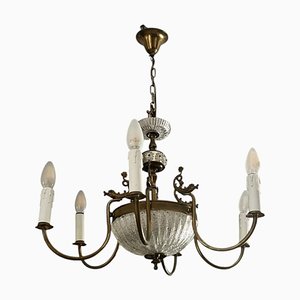 Lampadario Art Nouveau con ciotola in vetro e pesce in ottone, 1915