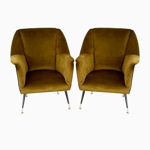Set of Italian Armchairs in Green Moss Velvet with Brass Feet, 1950s