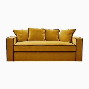 Rafaella Two-Seater Sofa in Mustard Yellow Velvet with Dark Red Trim from Biosofa