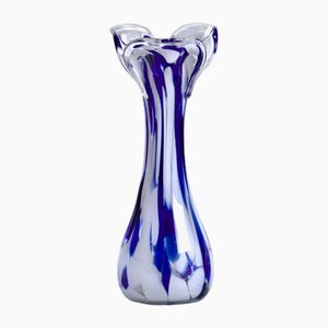 Mouth-Blown Murano Glass Vase with Blue and White Decor, 1960s