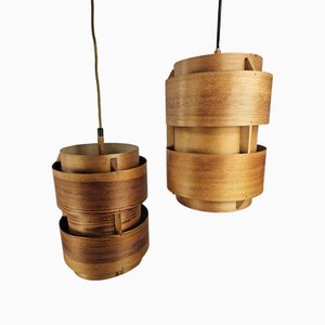 Pendant Lamps in Veneer, Denmark, 1970s, Set of 2