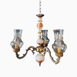 Lampadario in ceramica e ottone con ciotole in vetro, Italia, anni '60